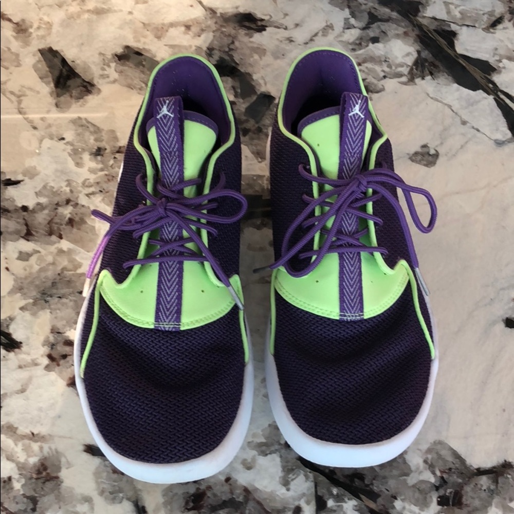 Purple and green Jordan tennis shoes